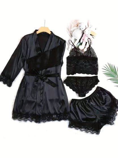 Seraphina Noire Elegant Satin Lace Lounge Set