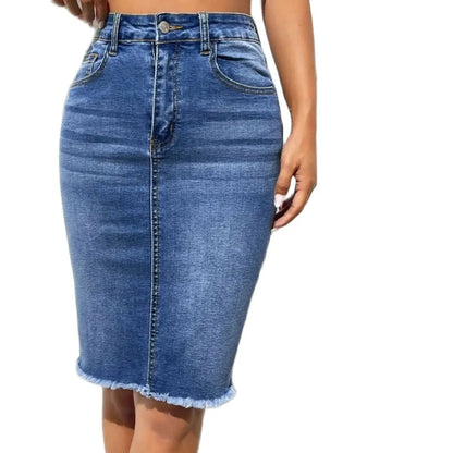 Velora Luxe High Elastic Raw-Edge Slim Denim Skirt