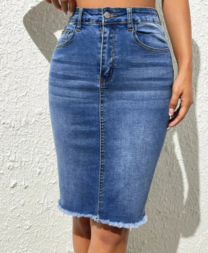 Velora Luxe High Elastic Raw-Edge Slim Denim Skirt