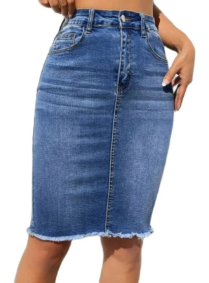 Velora Luxe High Elastic Raw-Edge Slim Denim Skirt