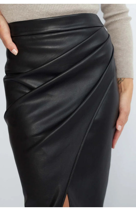 Aurelia Noir Leather Midi Skirt