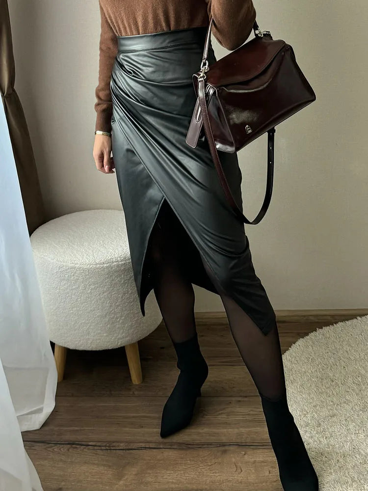 Aurelia Noir Leather Midi Skirt