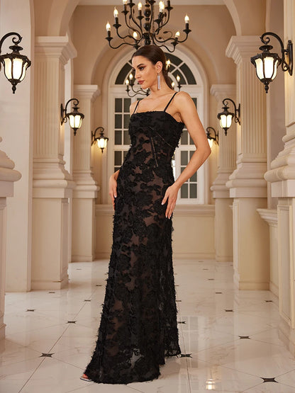 Noir Elegance Couture Black Appliqué Maxi Dress