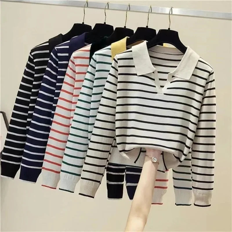 Adeline Evermore Striped V-Neck Polo Sweater