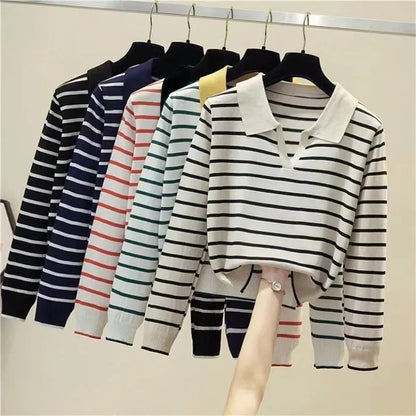 Adeline Evermore Striped V-Neck Polo Sweater