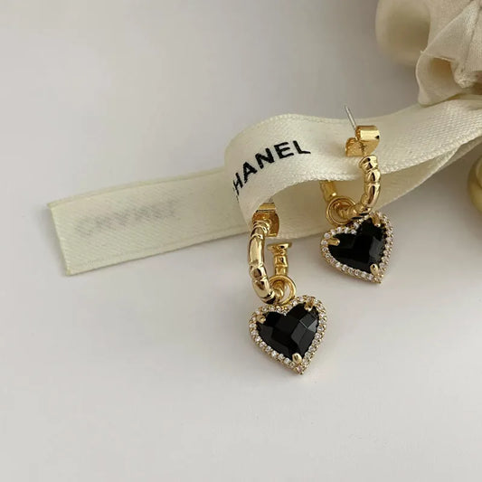 Royale Black LOVE Heart Zircon Drop Earrings