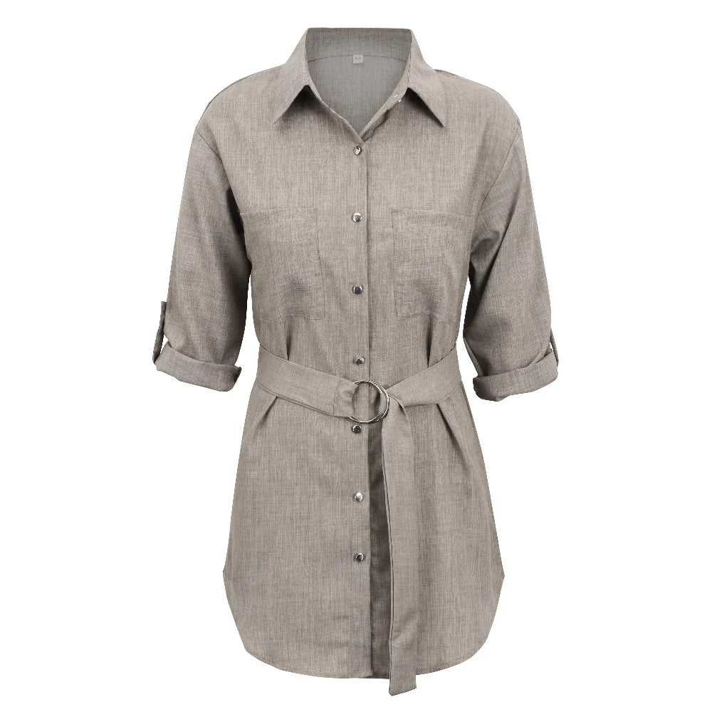 Aurelia Grace Deep V-Neck Buttoned Shirt Dress