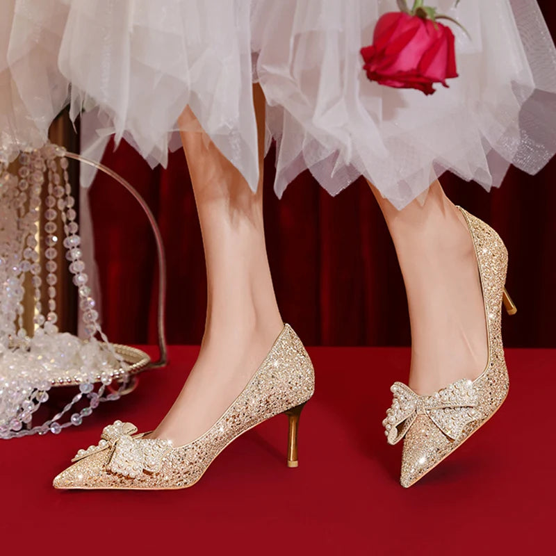 Celestia Couture: Golden Radiance Bowknot Pumps