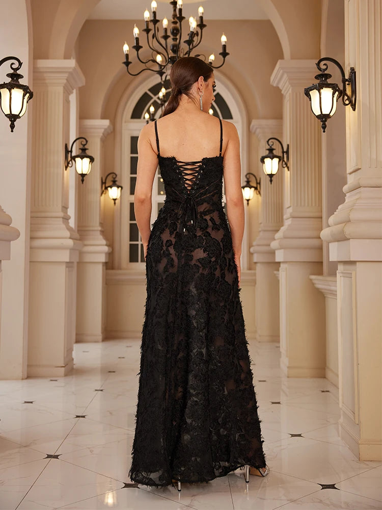 Noir Elegance Couture Black Appliqué Maxi Dress