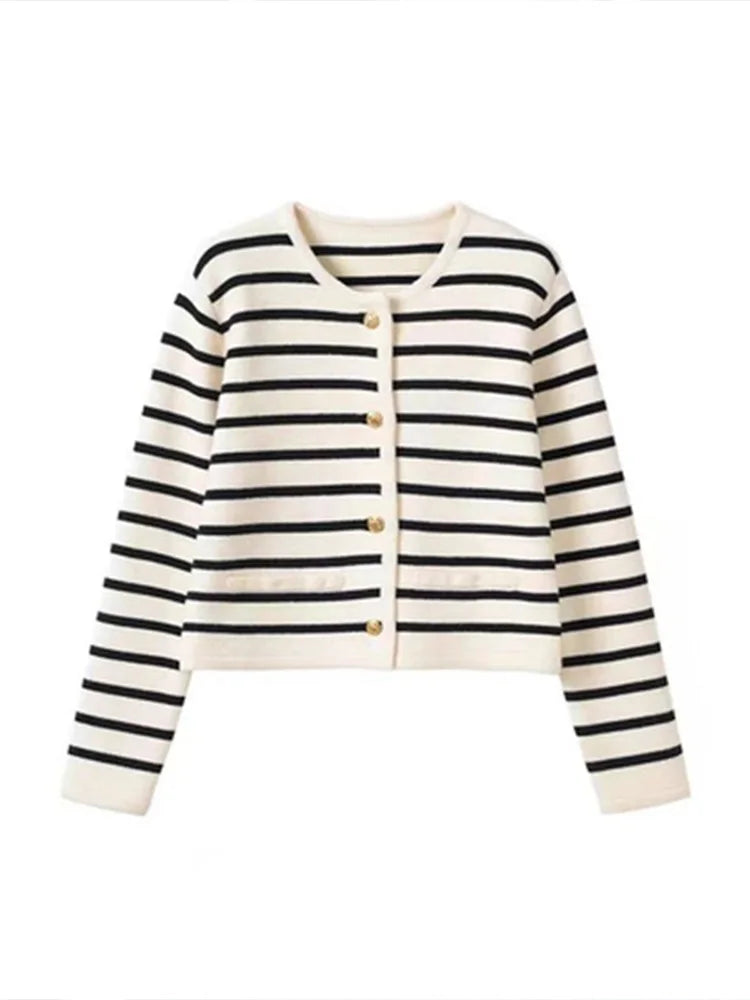 Le Chic Stripes O-Neck Knit Cardigan