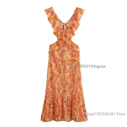 Elysian Wings Backless Ruffled Butterfly Sleeve Dress