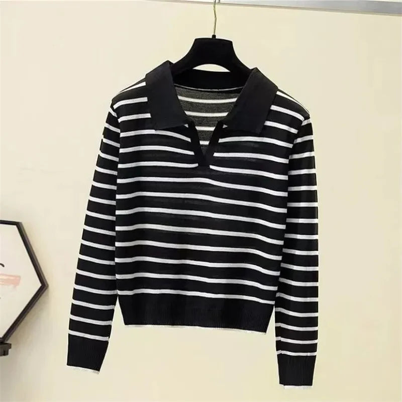 Adeline Evermore Striped V-Neck Polo Sweater