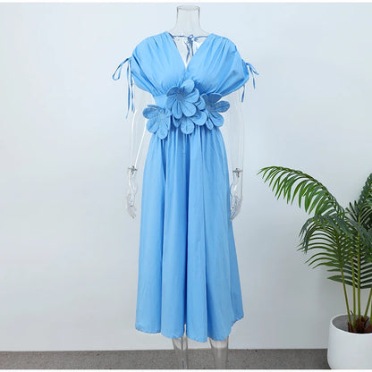 Floral Reverie 3D Flower Pleated V-Neck Dress