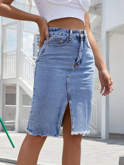 Celeste Indigo Front-Slit Denim Midi Skirt