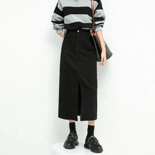 Elysian Noir Split Denim A-Line Skirt