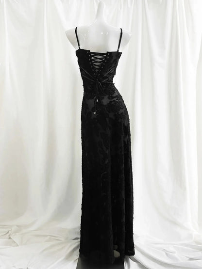 Noir Elegance Couture Black Appliqué Maxi Dress