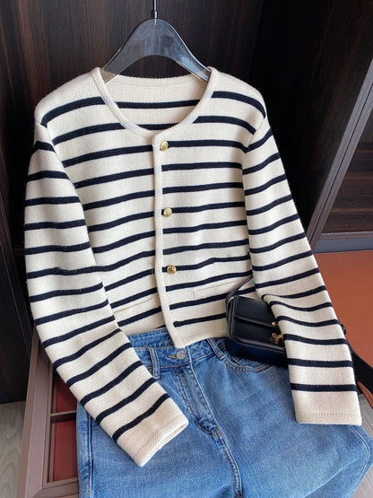 Le Chic Stripes O-Neck Knit Cardigan