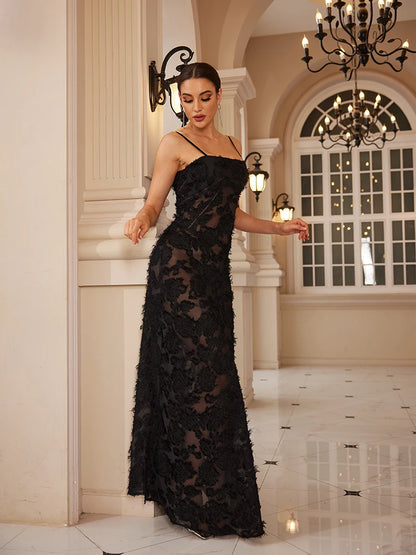 Noir Elegance Couture Black Appliqué Maxi Dress