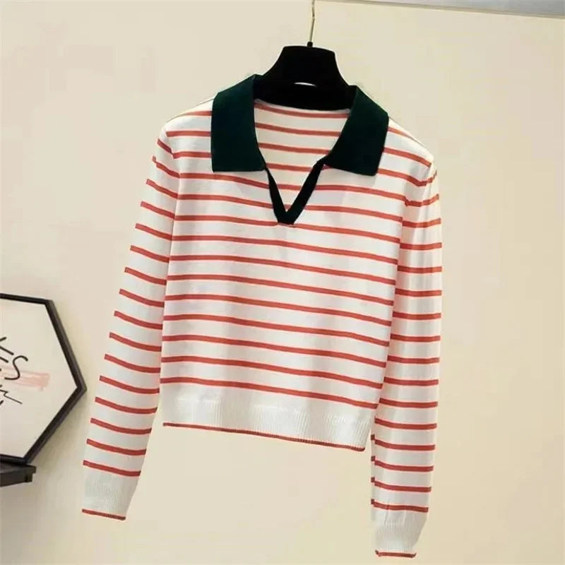 Adeline Evermore Striped V-Neck Polo Sweater