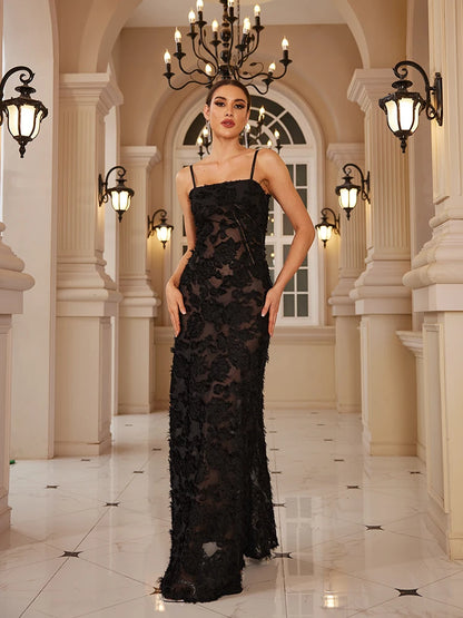 Noir Elegance Couture Black Appliqué Maxi Dress