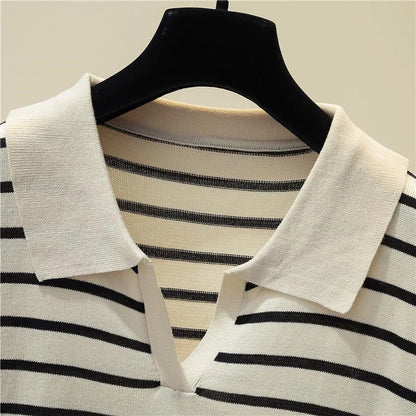 Adeline Evermore Striped V-Neck Polo Sweater