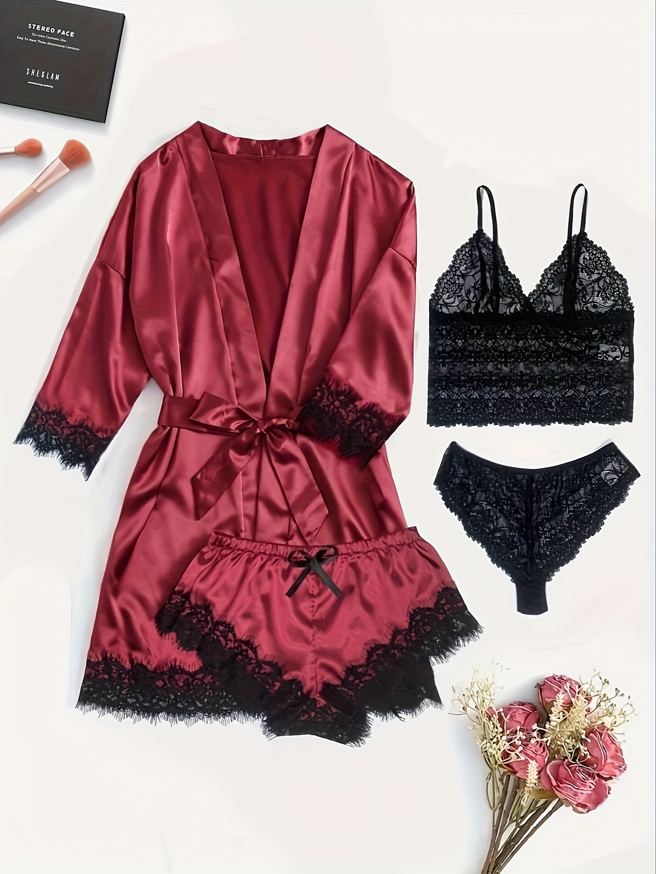 Seraphina Noire Elegant Satin Lace Lounge Set