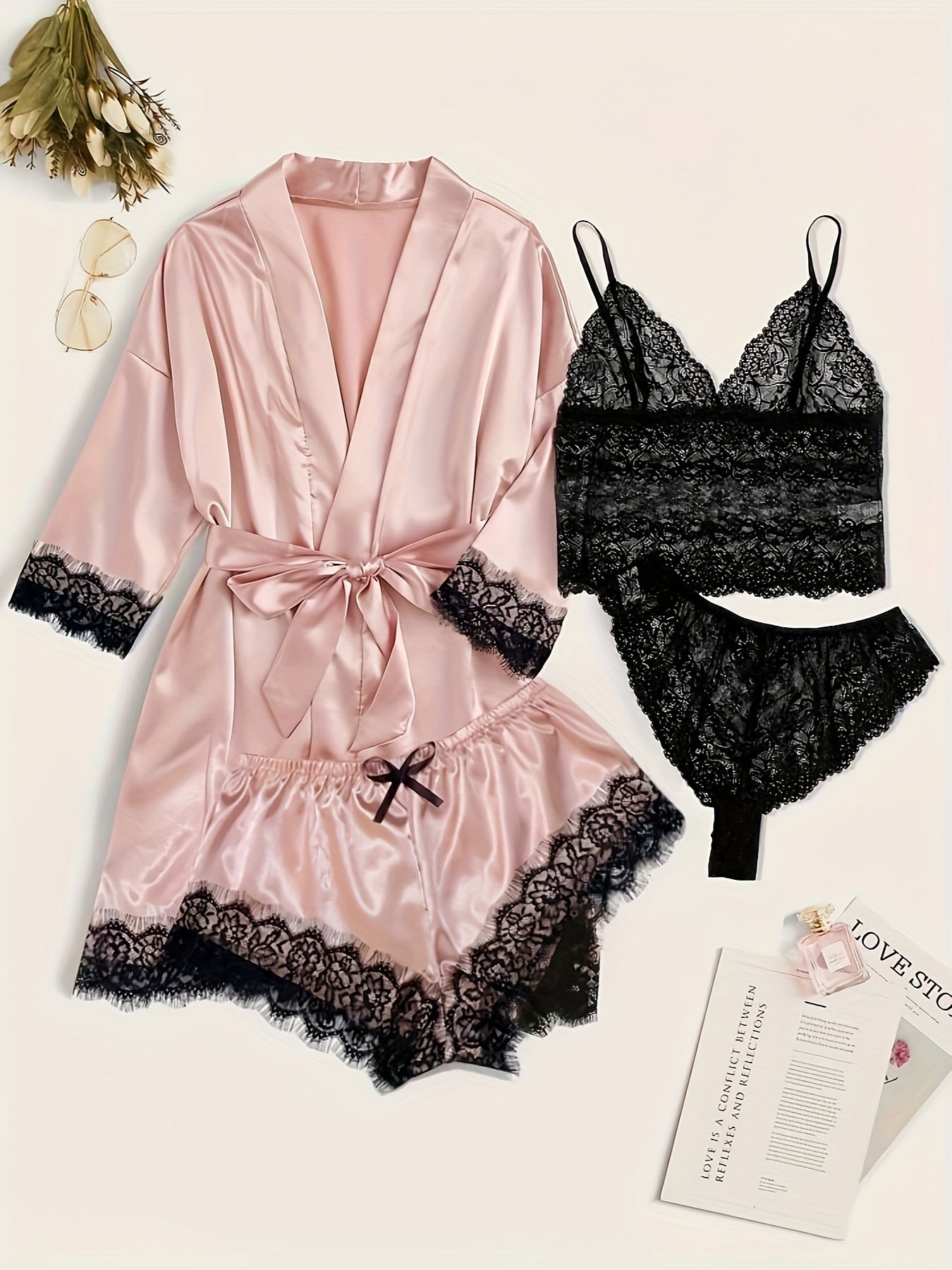 Seraphina Noire Elegant Satin Lace Lounge Set